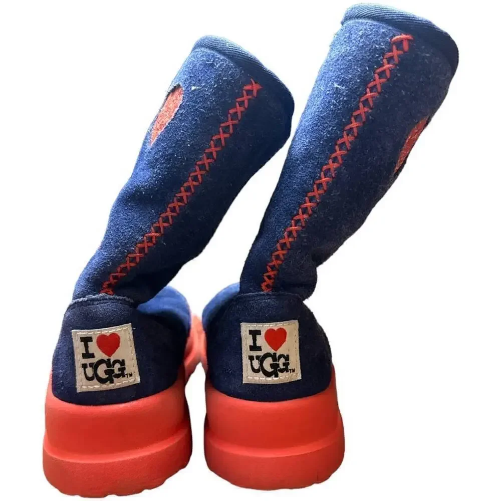 Ugg Blue Red I Love Ugg Sparkle Heart Sherpa Mid-Calf Boots Women's Size 5